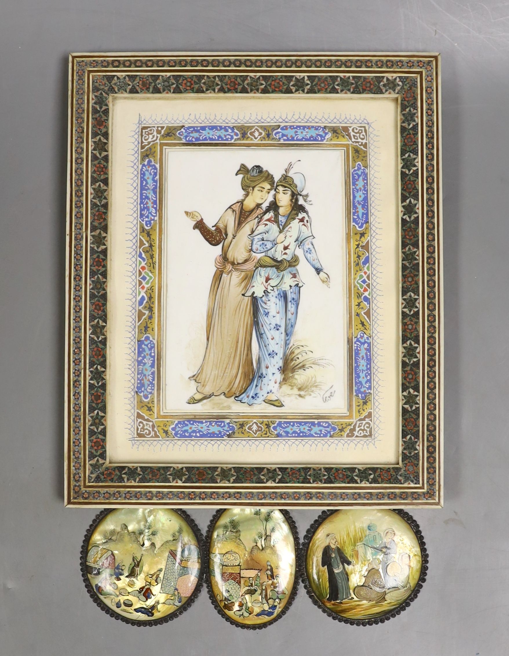 A Persian framed painting and three similar miniatures on pearl shell, 19 cms wide x23 cms high including frame.